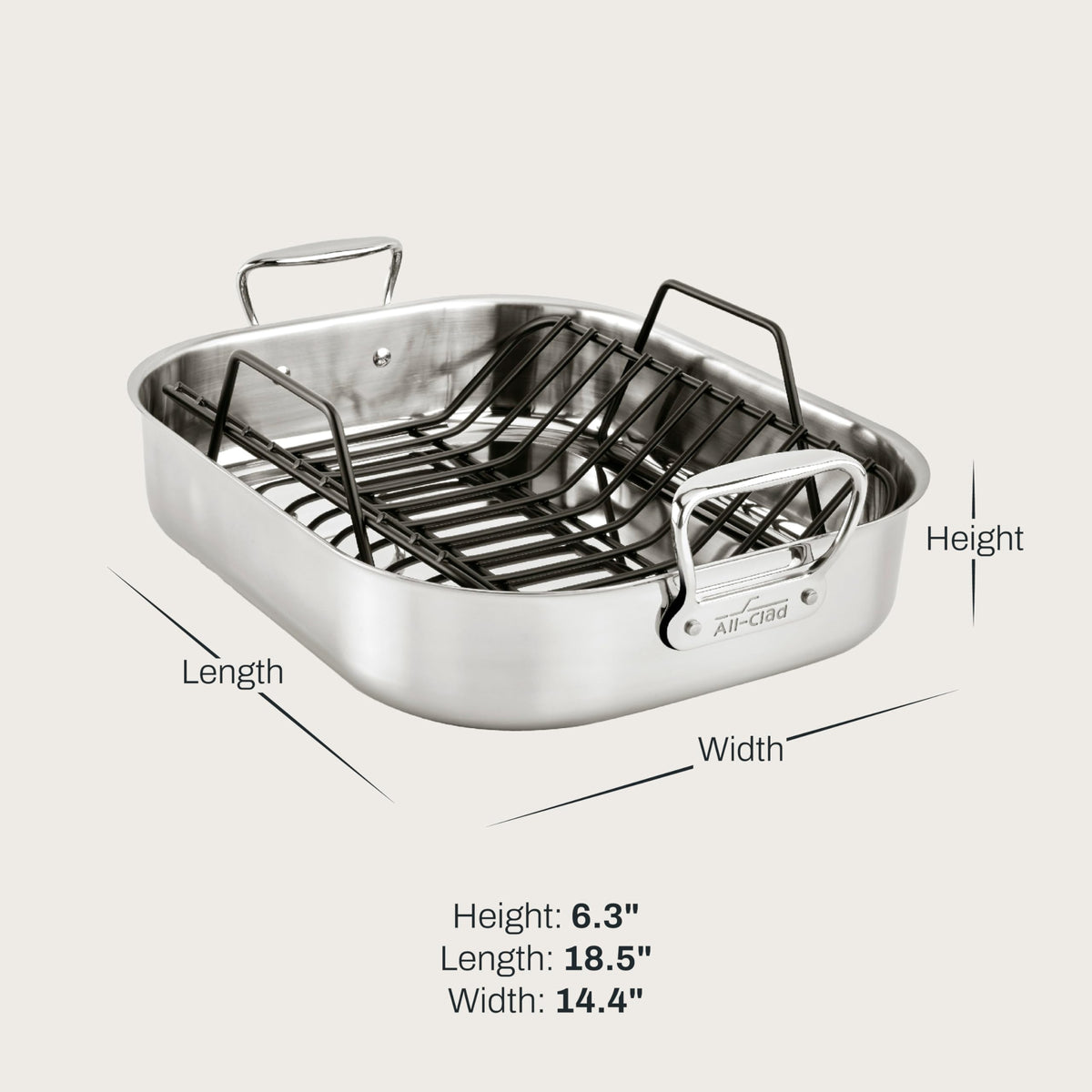 All-Clad roaster rack, V-shaped design, elevates meat for juicier results.