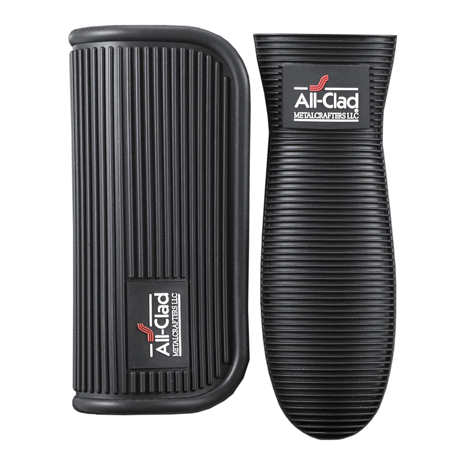 All-Clad silicone grip set on an ergonomic handle for secure, comfortable cooking