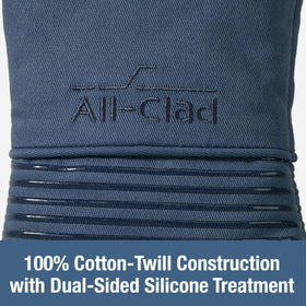 All-Clad indigo mitts feature dual-sided silicone for a non-slip grip.
