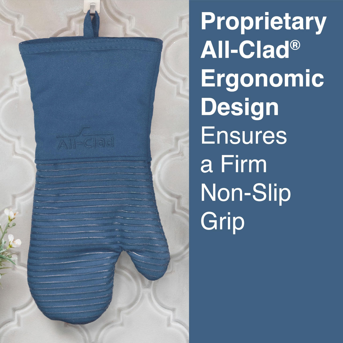All-Clad indigo silicone mitts provide heat protection up to 500°F for busy kitchens.