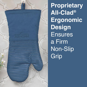 All-Clad indigo silicone mitts provide heat protection up to 500°F for busy kitchens.