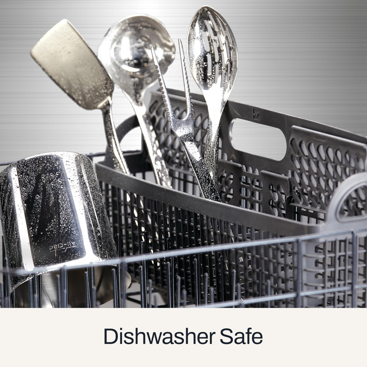All-Clad silver kitchen tool ladle for serving and stirring at table.