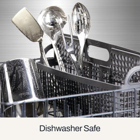 All-Clad silver kitchen tool ladle for serving and stirring at table.