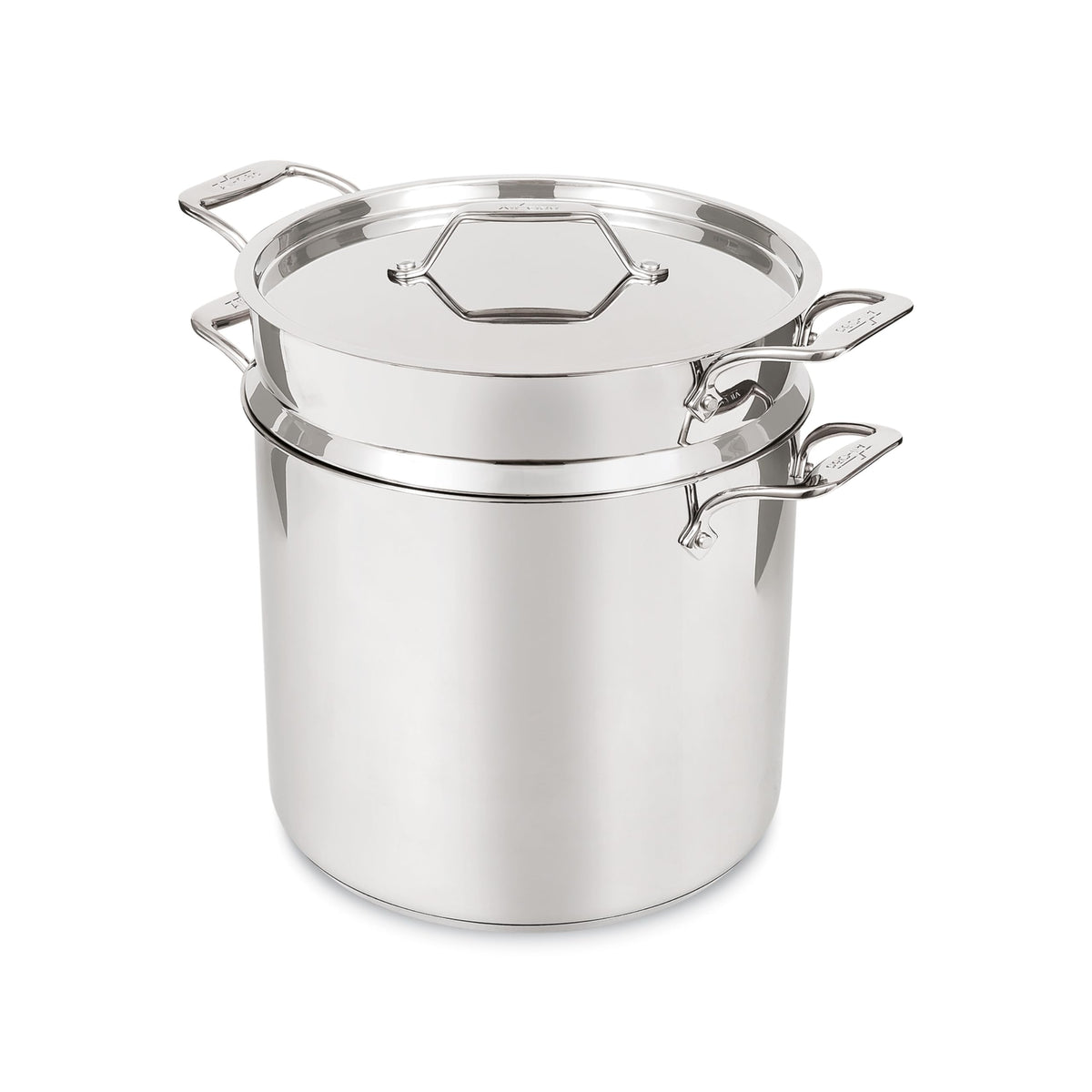 All-Clad Simply Strain 16qt multipot with insert enables easy pasta and stock straining.