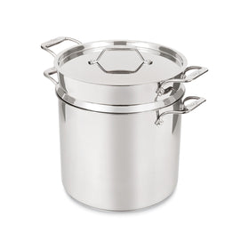All-Clad Simply Strain 16qt multipot with insert enables easy pasta and stock straining.