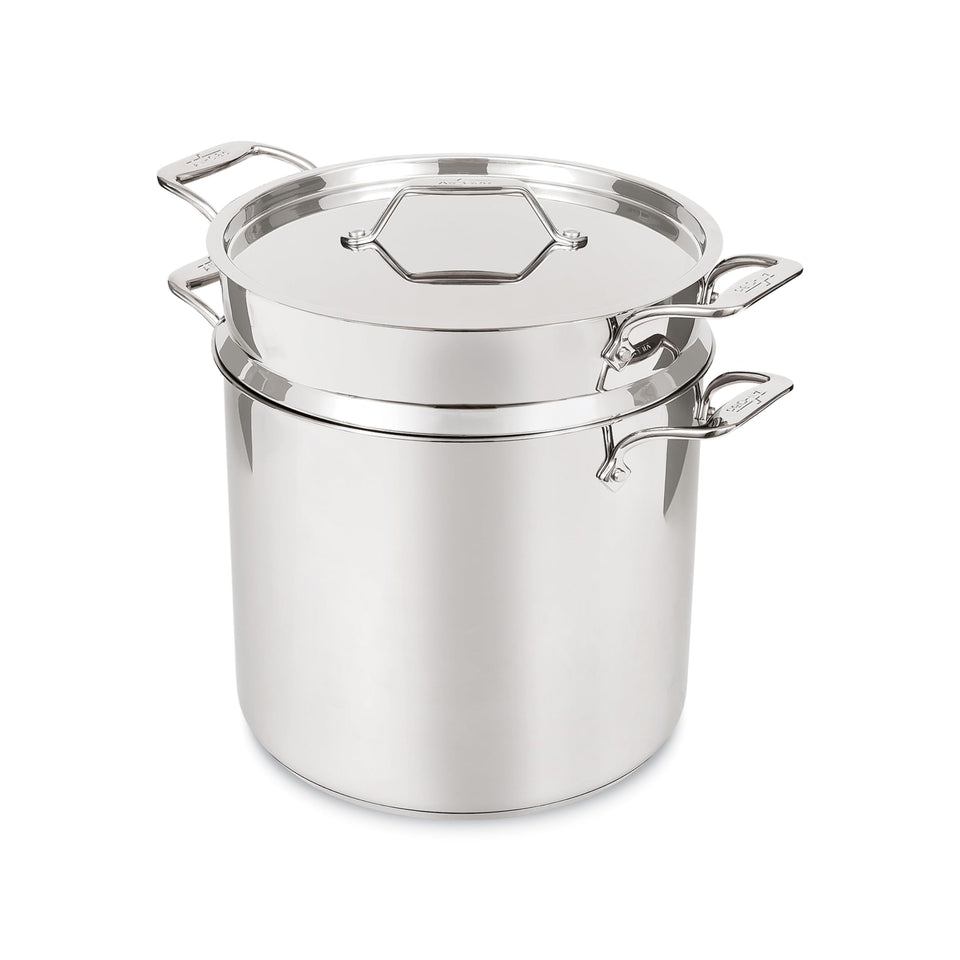 All-Clad Simply Strain 16qt multipot with insert enables easy pasta and stock straining.