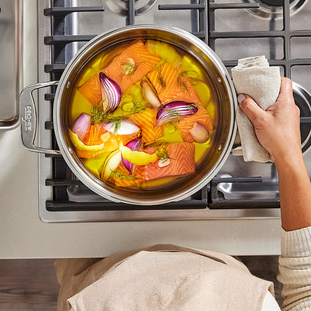 All-Clad Simply Strain lid locked for secure draining after boiling