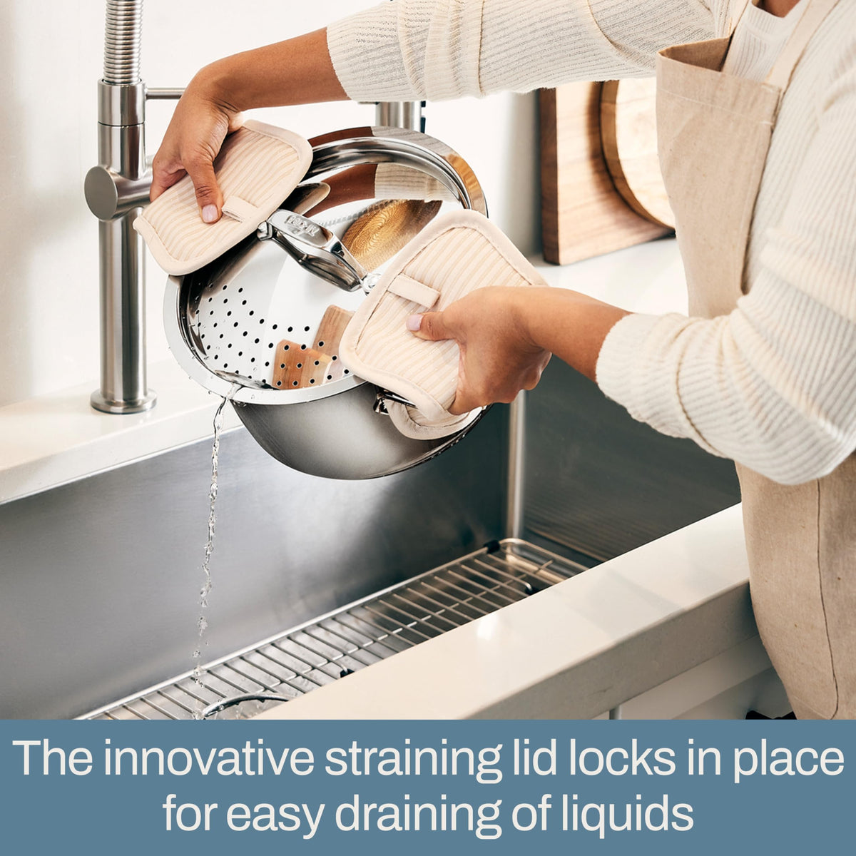 All-Clad Simply Strain sturdy base for warp-free cooking