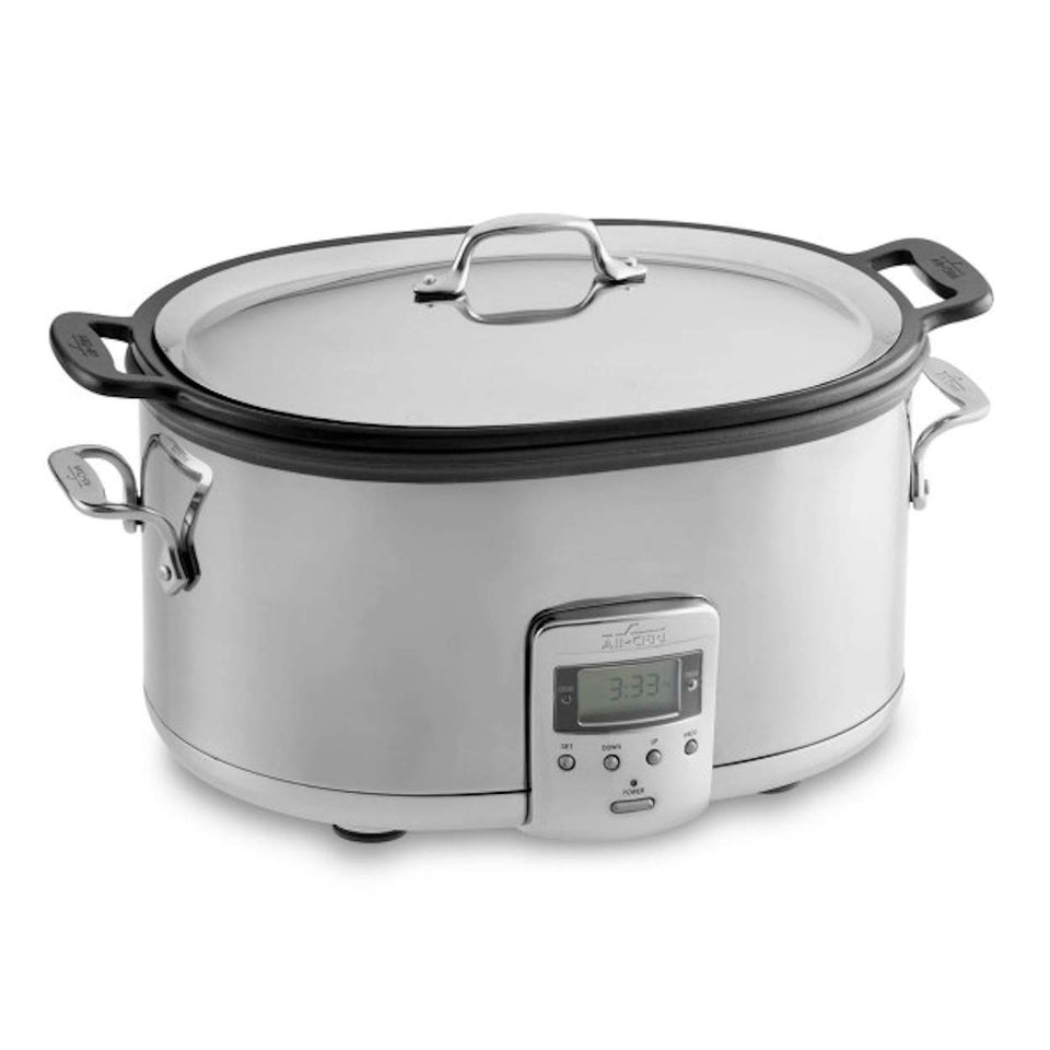 All-Clad slow cooker 7-quart capacity with lid for family meals and even heat.