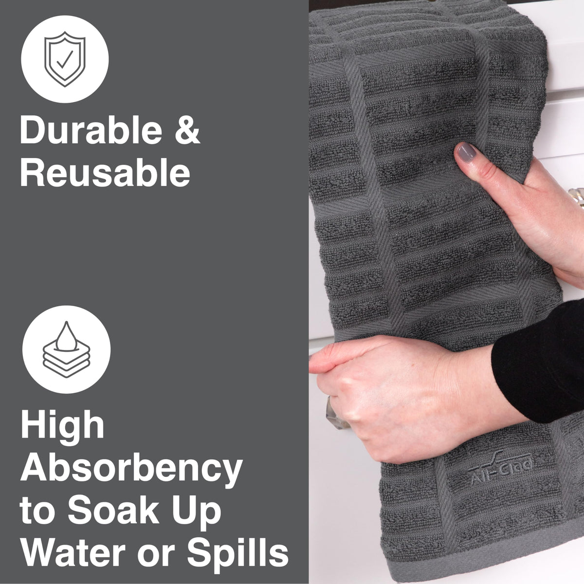 All-Clad Solid Kitchen Towels feature a terry-loop design that reaches corners easily.