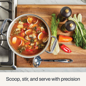 All-Clad soup ladle with ergonomic handle ideal for precise scooping.