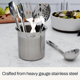 All-Clad ladle shows a hang loop for easy storage near the stove.