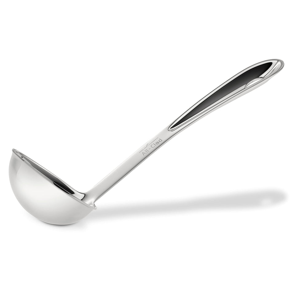 All-Clad soup ladle in polished stainless steel with ergonomic handle for comfortable serving.