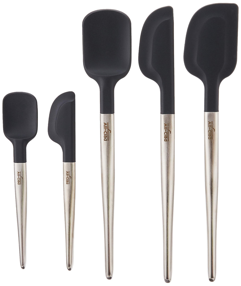 All-Clad silicone spatula head in use for smooth batter on nonstick cookware