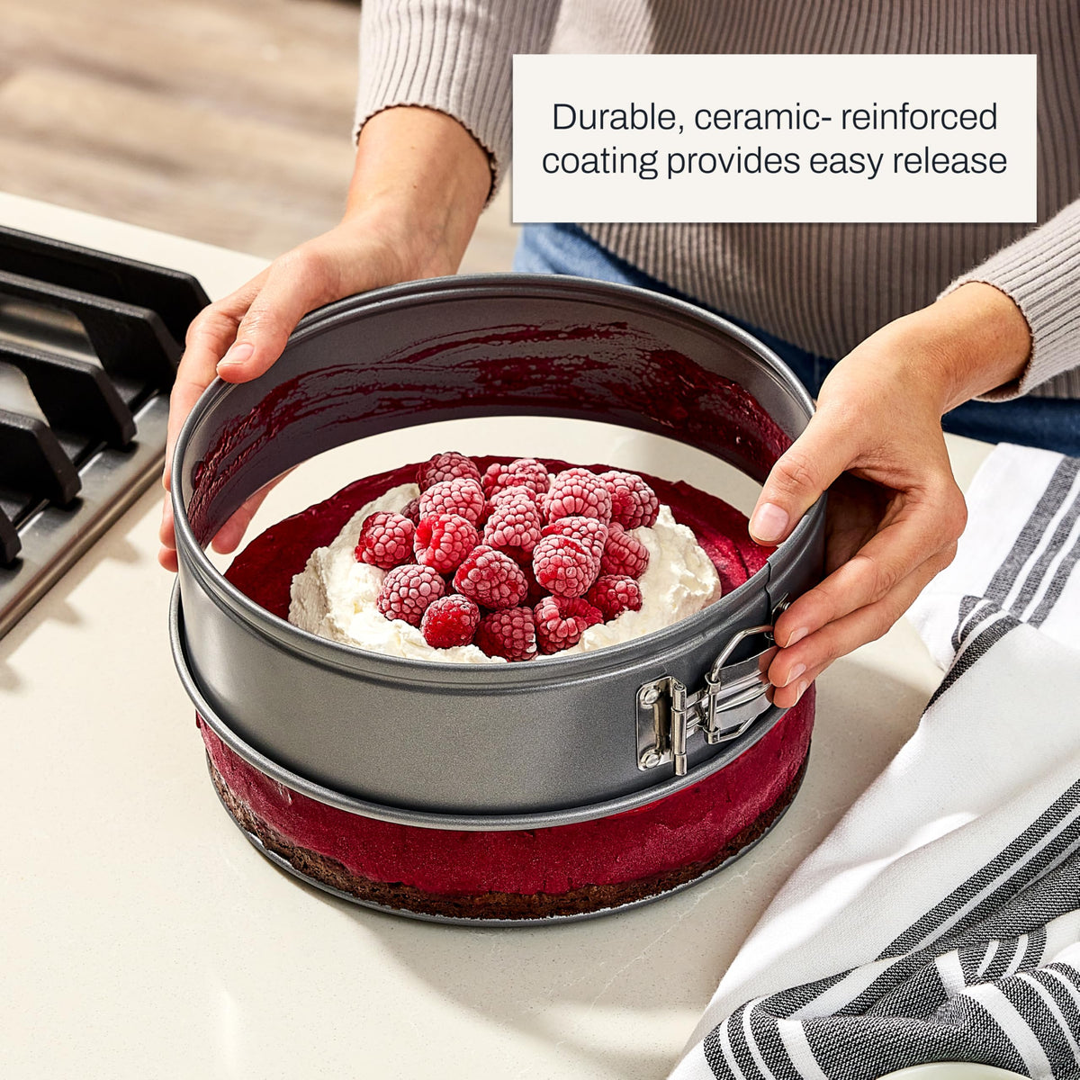 All-Clad pan features generously sized handles for oven mitt grip