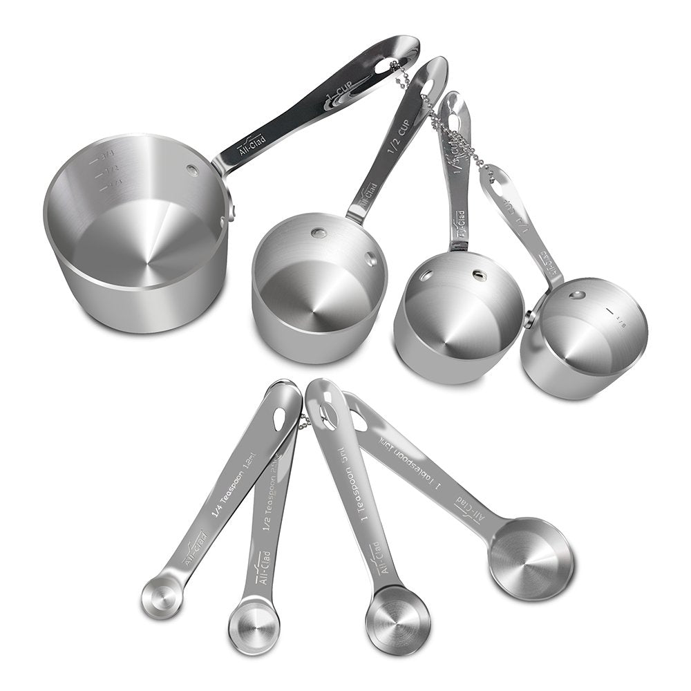 All-Clad 8pc stainless steel measuring cup and spoon set displayed for precise cooking