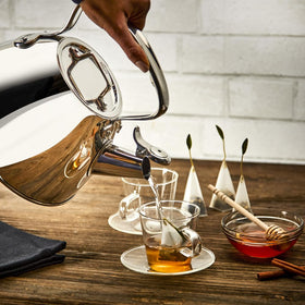 All-Clad tea kettle 2qt whistles to indicate boiling for easy timing