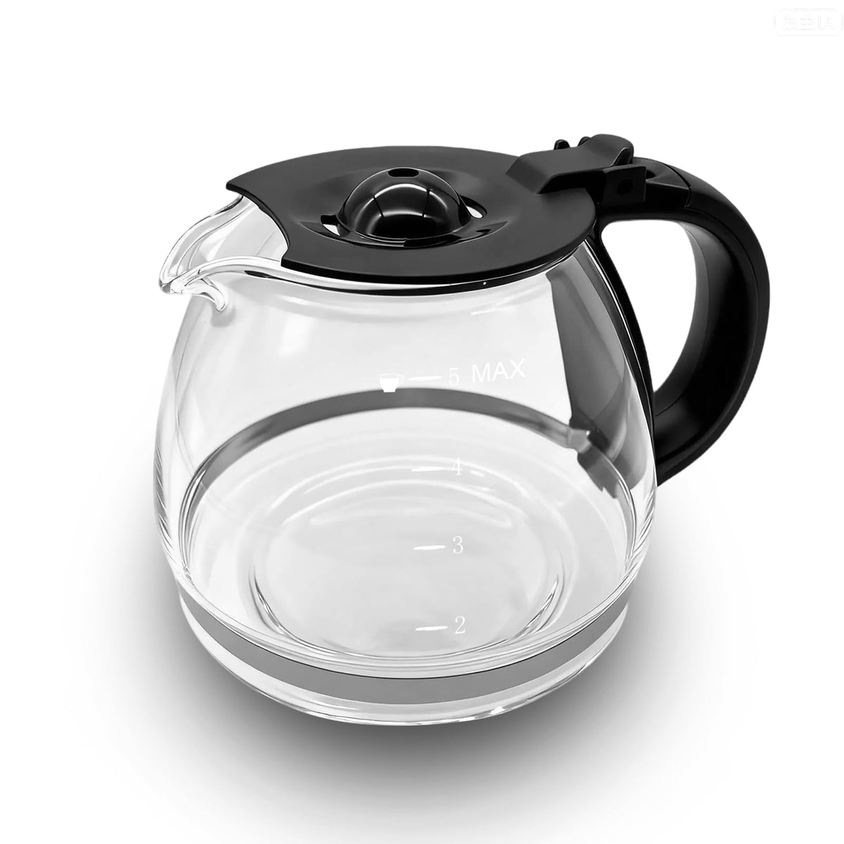 Allcup 5-cup carafe side view showing durable borosilicate glass for daily use