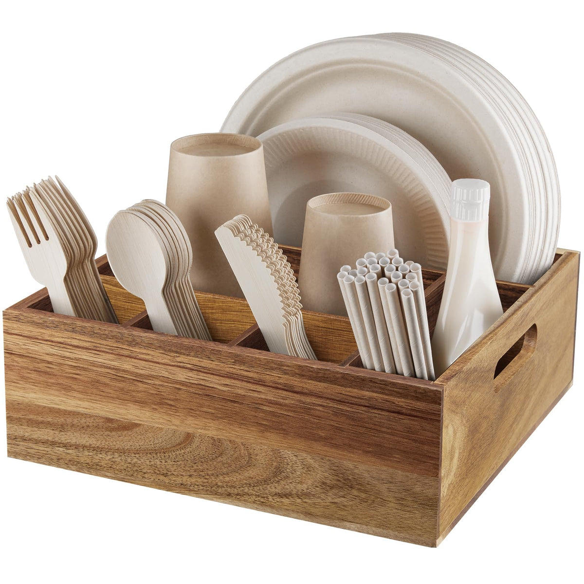ALELION acacia wood utensil holder organized for party service on a counter.