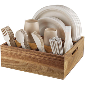 ALELION acacia wood utensil holder organized for party service on a counter.
