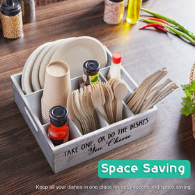 ALELION serving solution keeps plates, napkins, and utensils within reach at events.