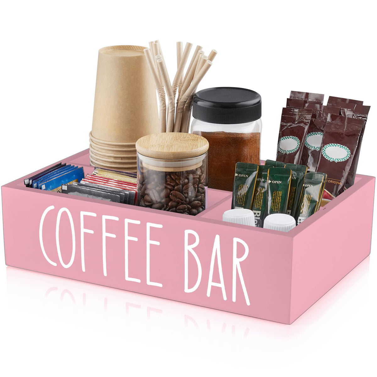 ALELION coffee station organizer pink wood front view for a tidy, accessible counter.