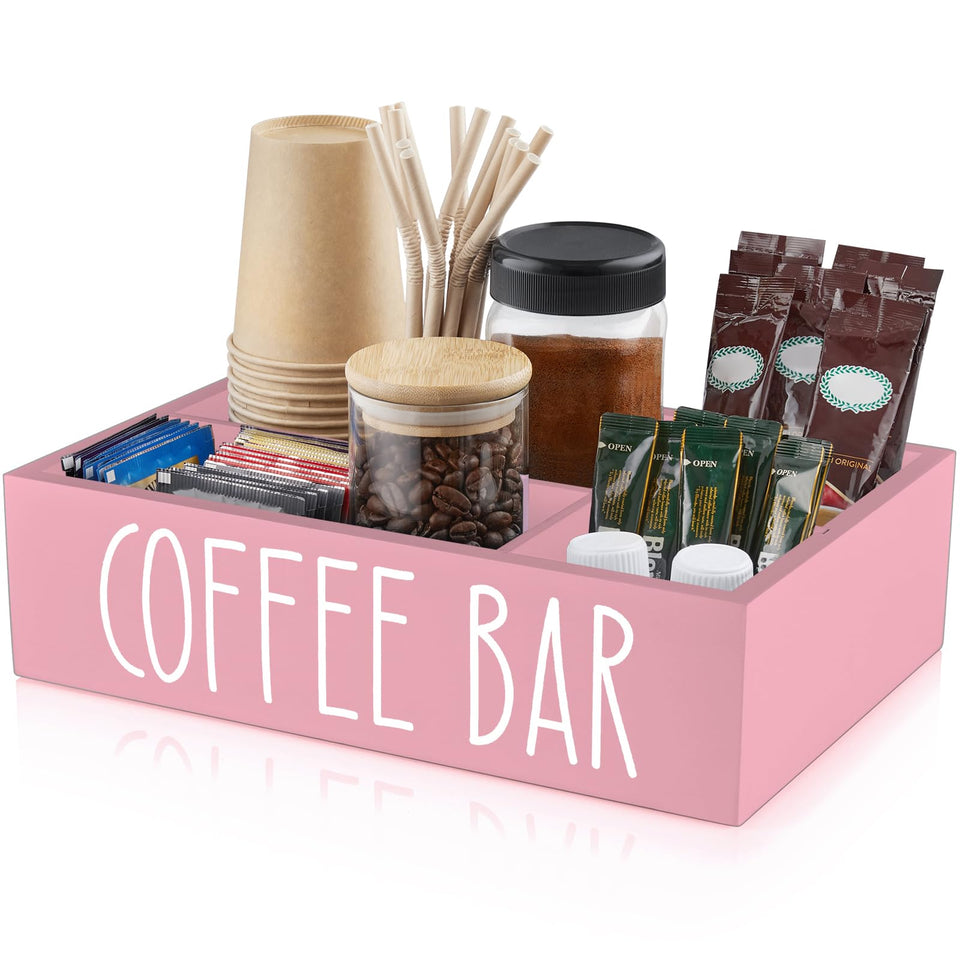 ALELION coffee station organizer pink wood front view for a tidy, accessible counter.