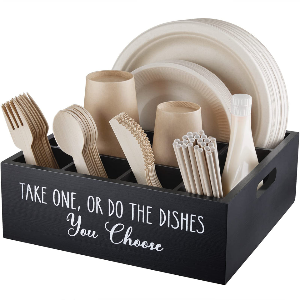 ALELION paper plate dispenser on countertop keeps plates within reach during gatherings.