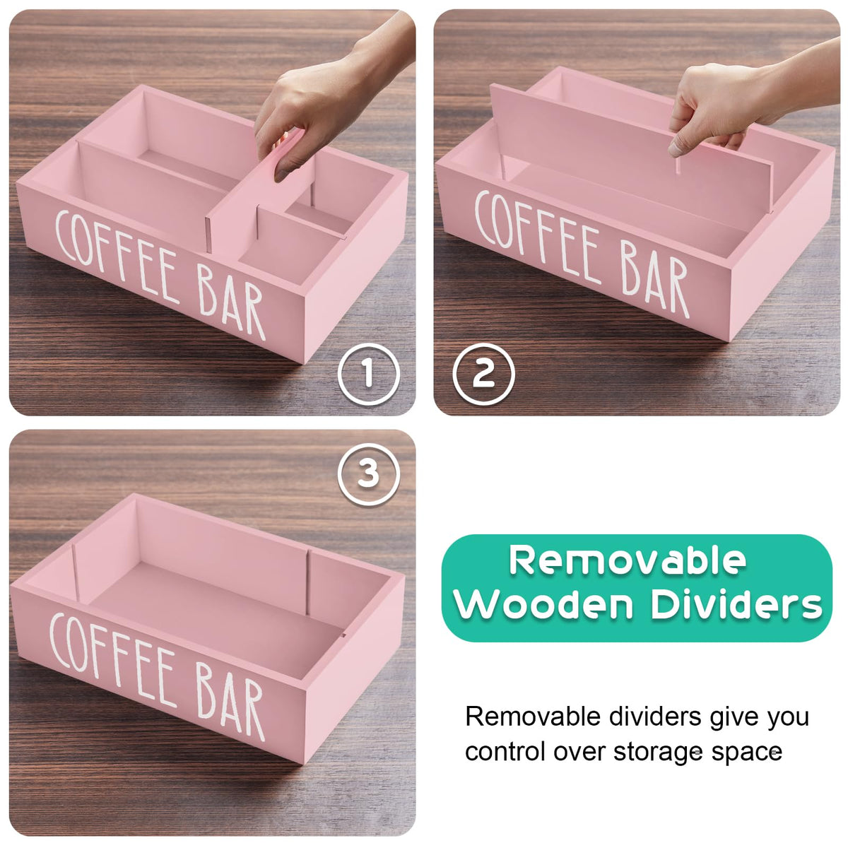 ALELION pink wood coffee bar setup with essentials demonstrates quick access during busy mornings.