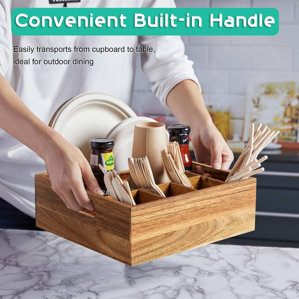 ALELION six-compartment silverware caddy for plates, cups, and utensils.