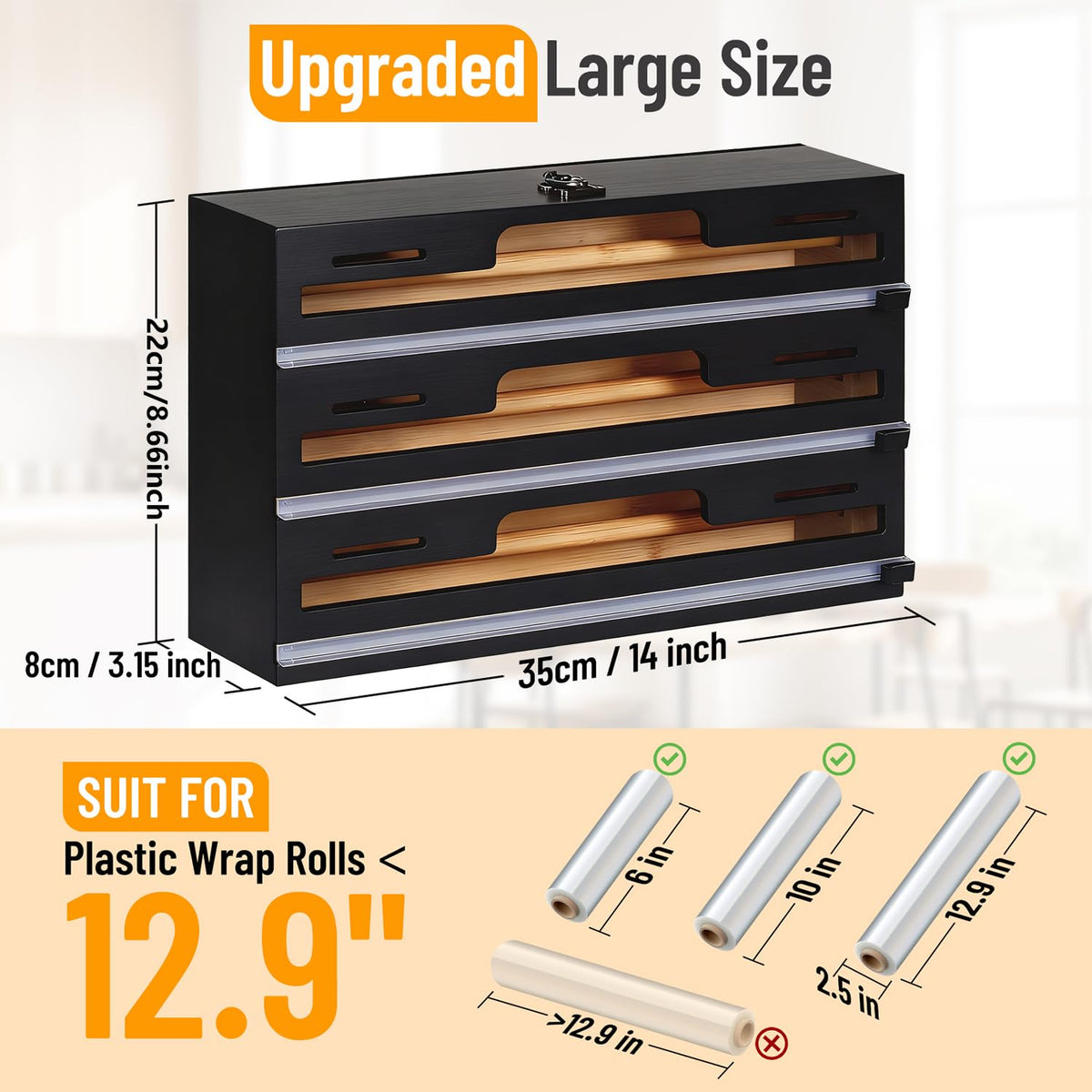 Allinside wrap dispenser with front-opening lid for one-handed operation.