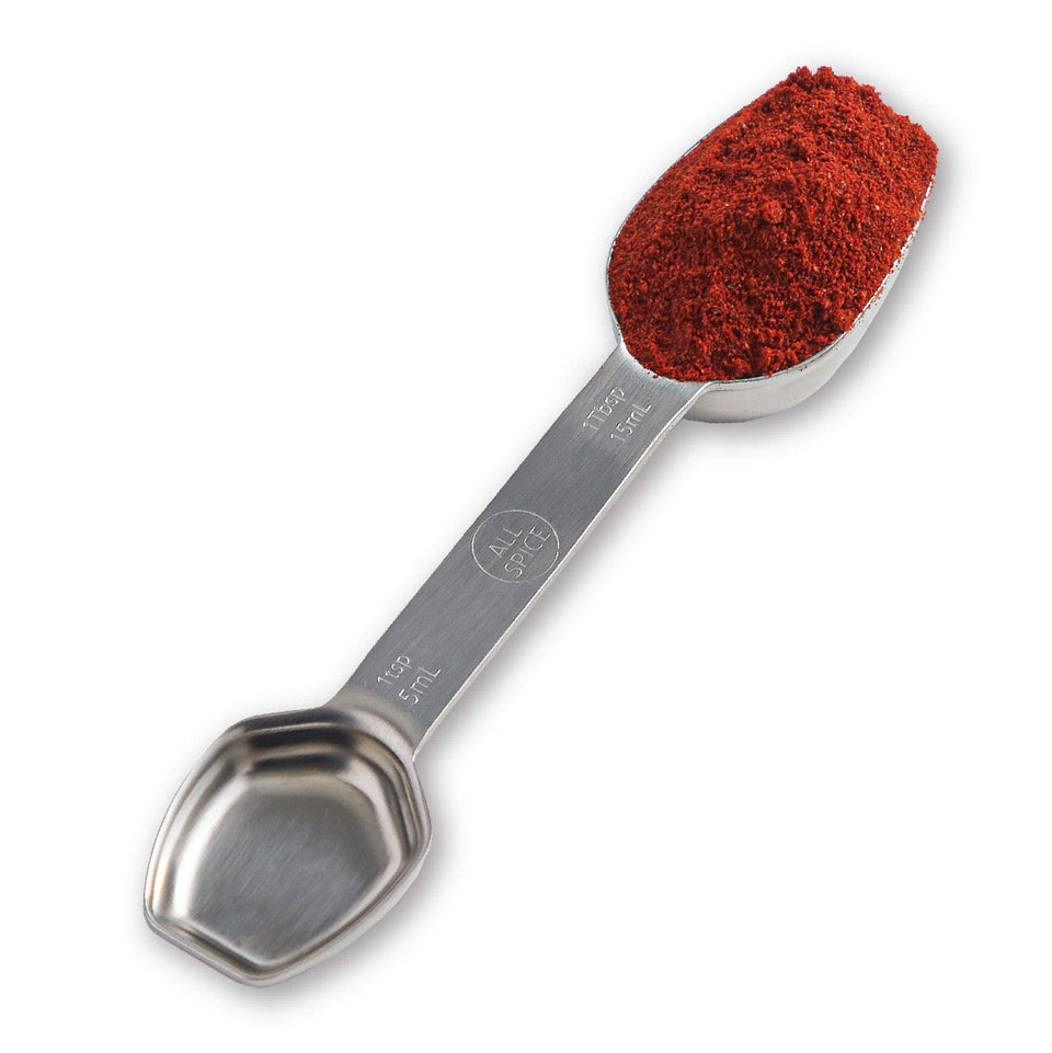 AllSpice double-sided spoon with tsp and tbsp measurements, ideal for precise cooking.