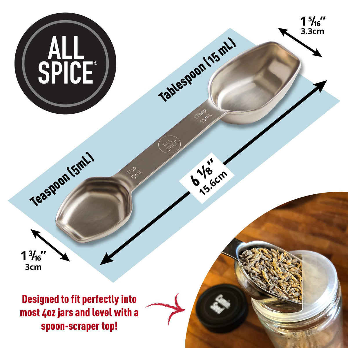 AllSpice spoon rests flat on the counter for quick access.