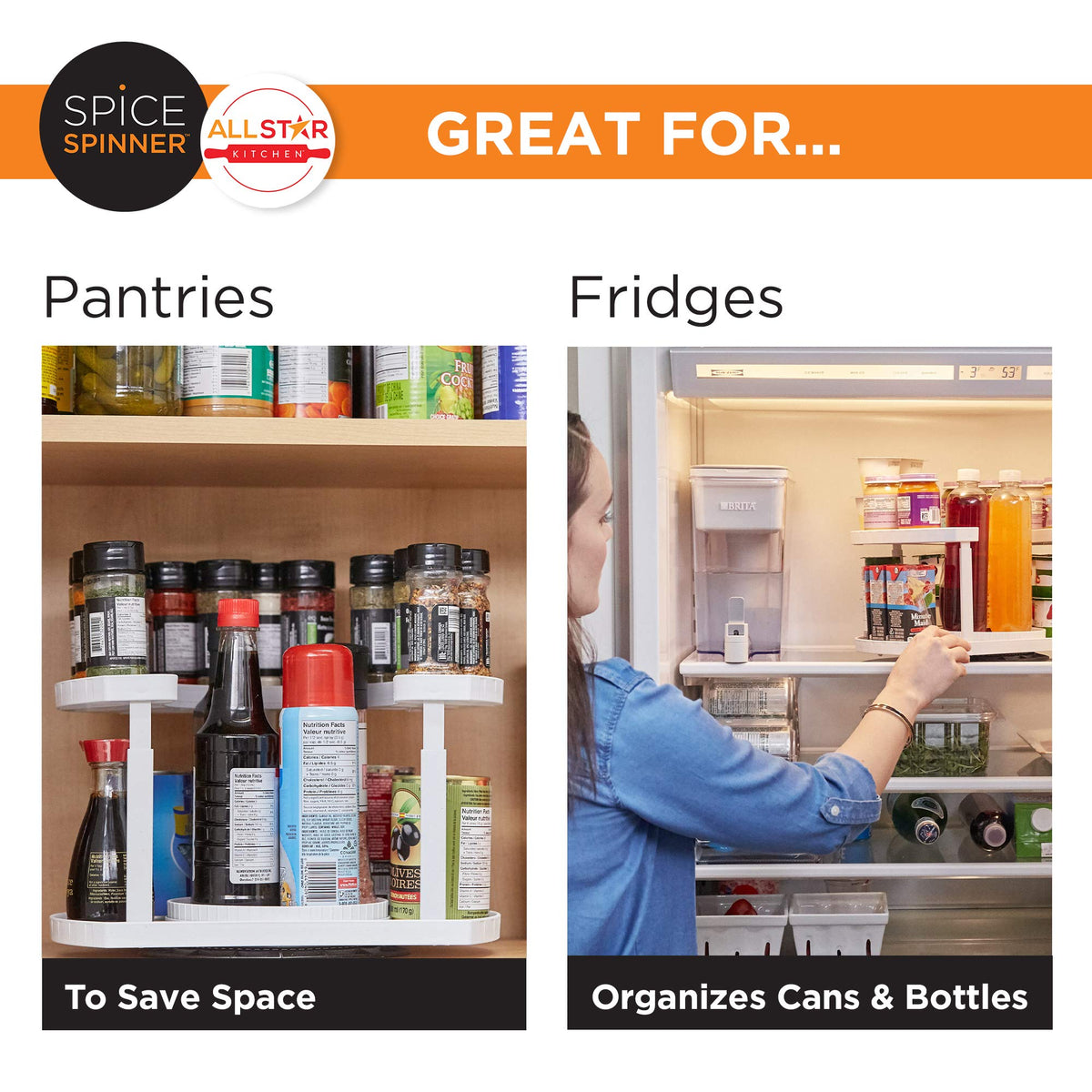 Allstar Innovations Spice Spinner fits fridge storage for organized shelves.