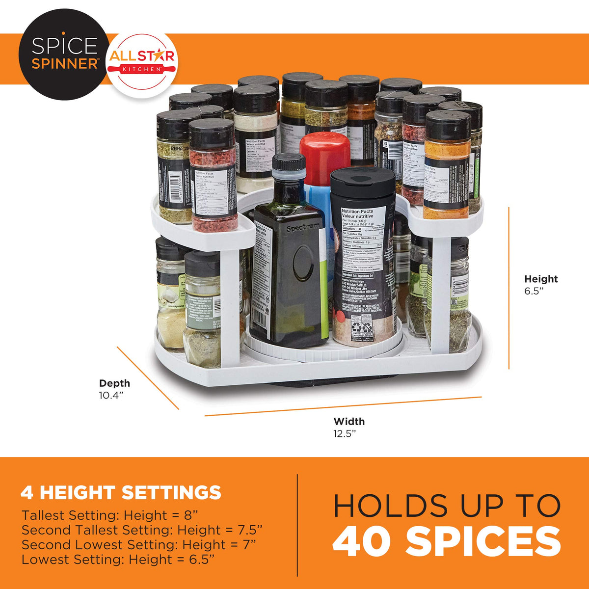 Allstar Innovations Spice Spinner upper level capacity supports tall bottles.