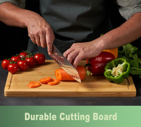 Allsum bamboo charcuterie board with side handles for easy transport.