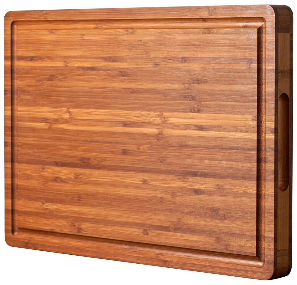 Allsum bamboo cutting board with side handles for easy serving.