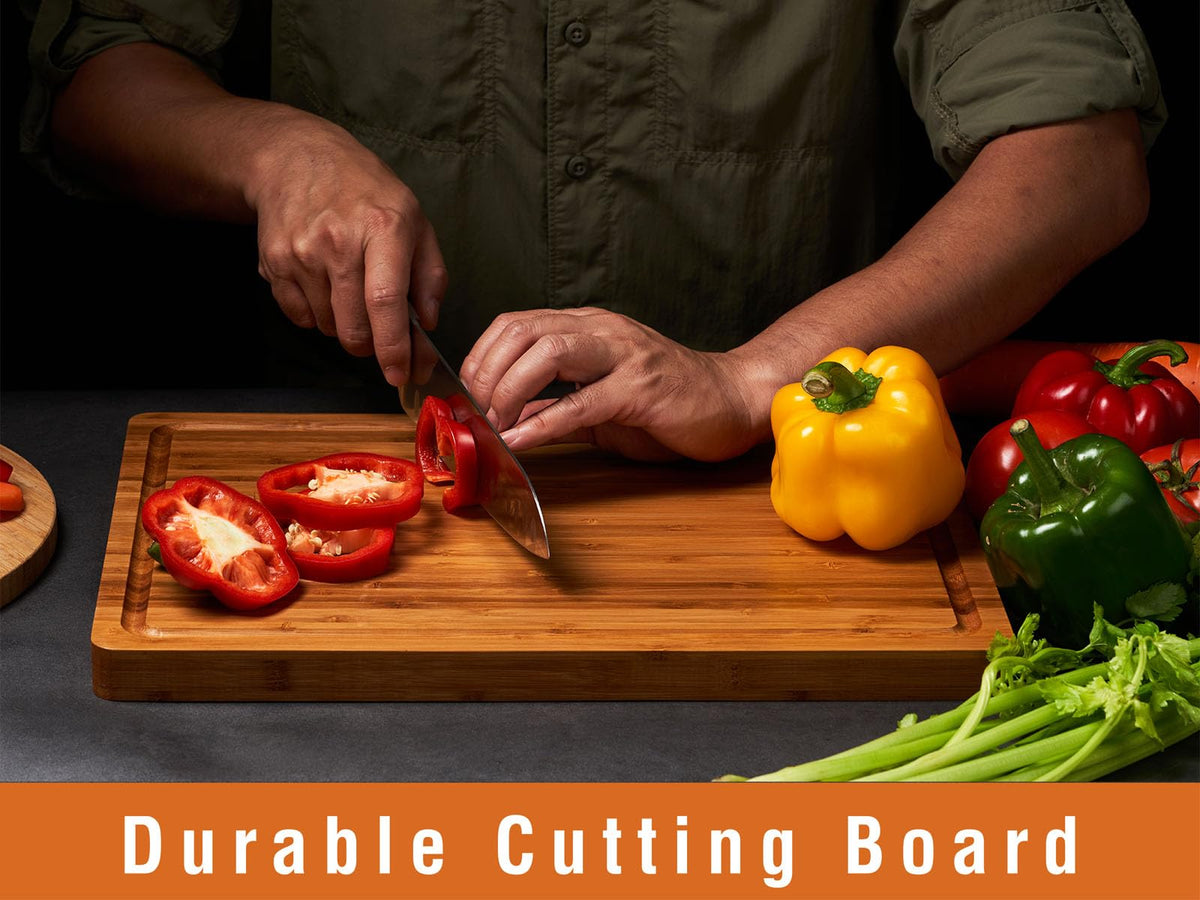 Allsum 1-inch thick bamboo board close-up shows sturdy construction for heavy tasks.