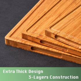 Allsum bamboo cutting board showing 3 layers for lasting daily use.