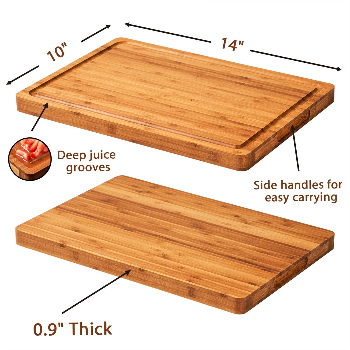 Allsum bamboo board deep grooves catch juices, keeping countertops clean.