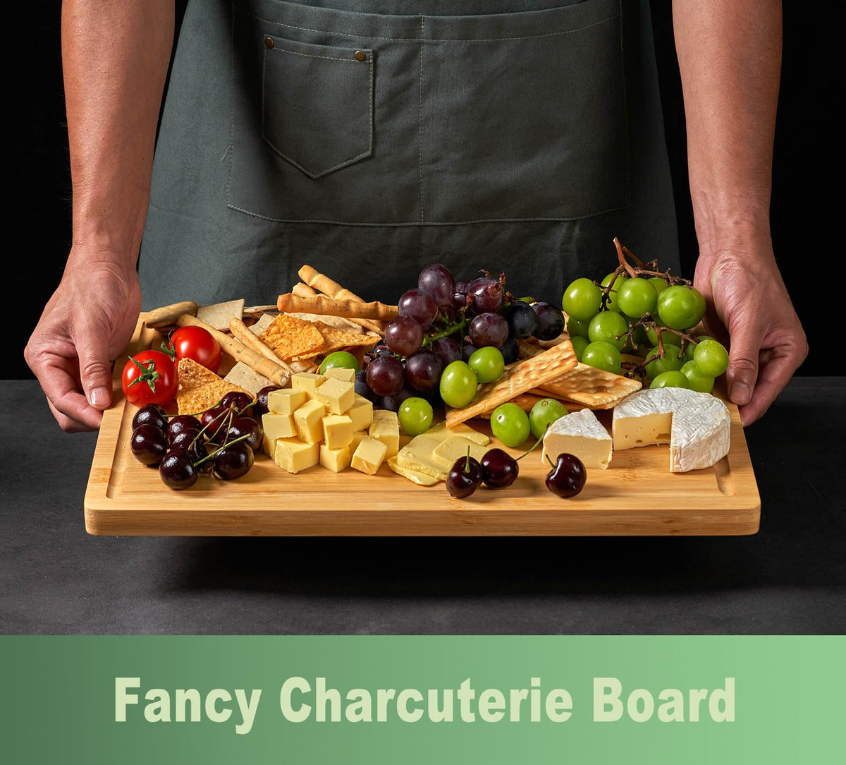 Allsum cutting board with juice groove to catch liquids and reduce mess.