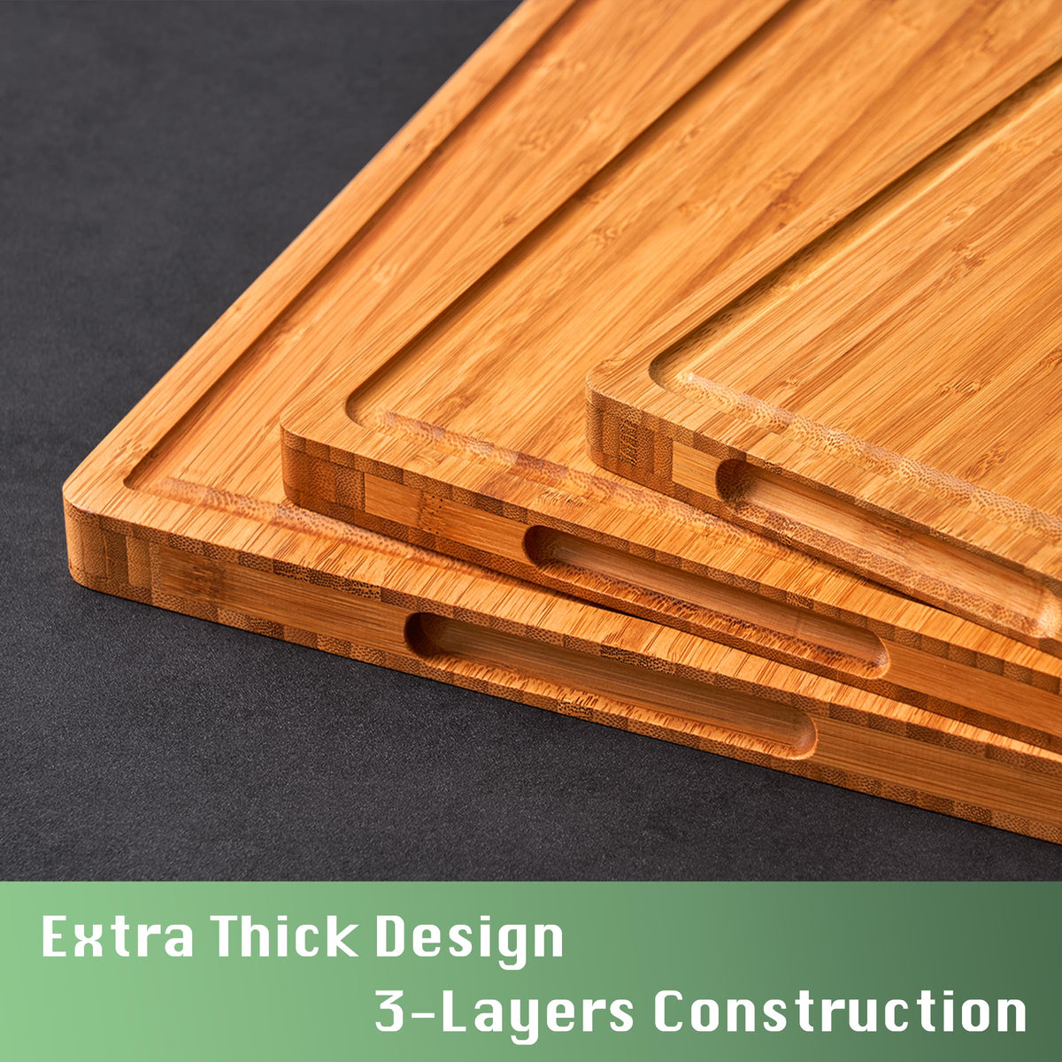 Allsum bamboo cutting board showing juice grooves for mess-free prep.