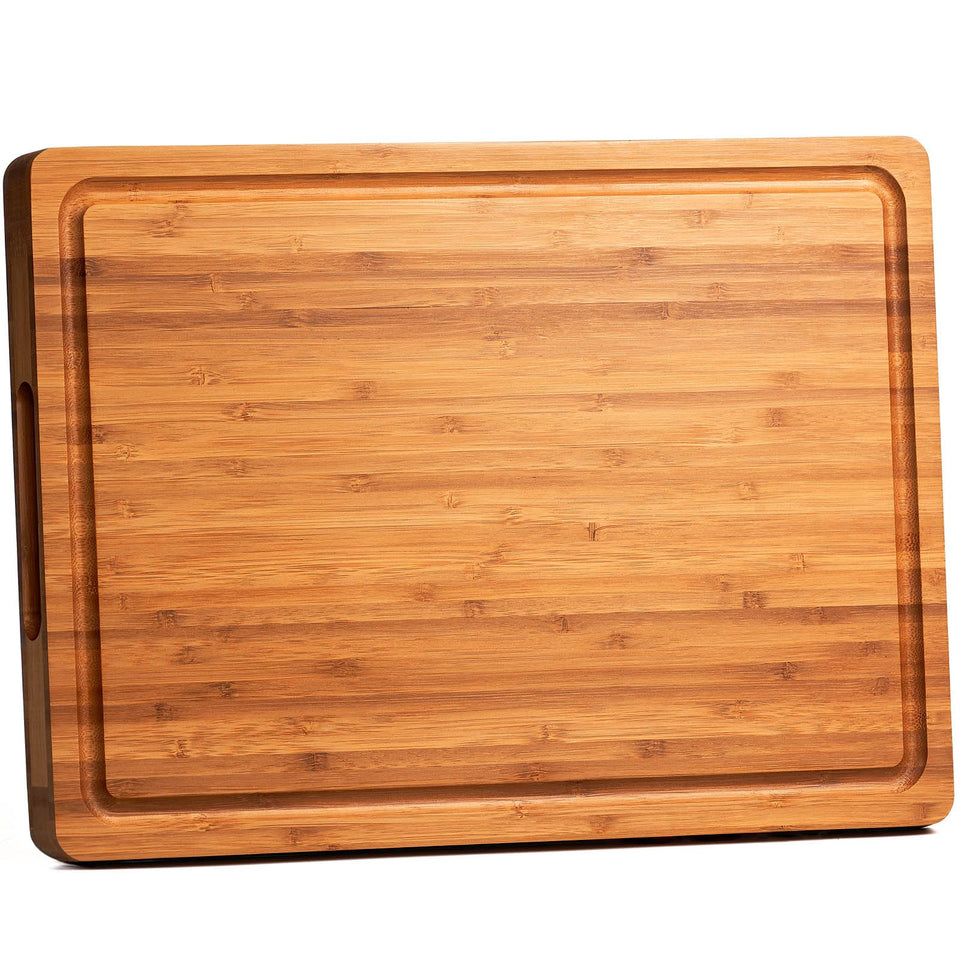 Allsum bamboo cutting board top view highlights durable, moisture-resistant surface for daily prep.