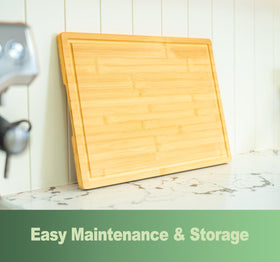 Allsum bamboo cutting board close-up on wood grain, emphasizing durability.