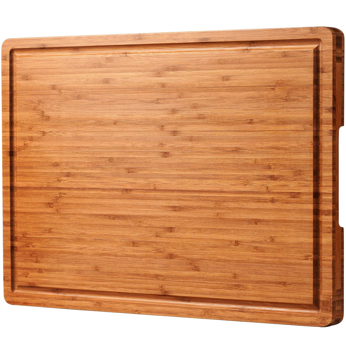 Allsum carbonized bamboo cutting board with juice grooves for mess-free prep.