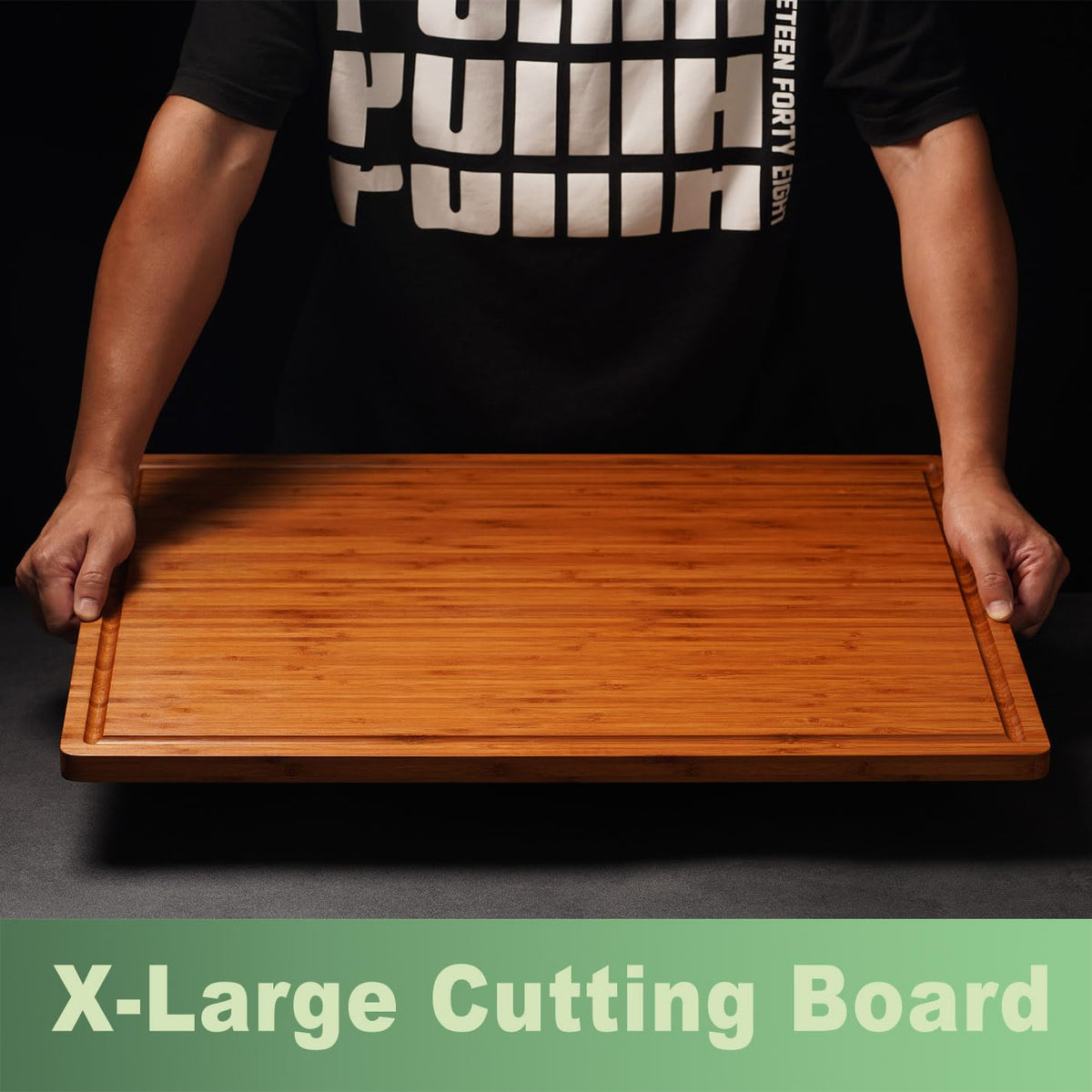 Allsum bamboo cutting board with integrated handles for easy transport and serving.
