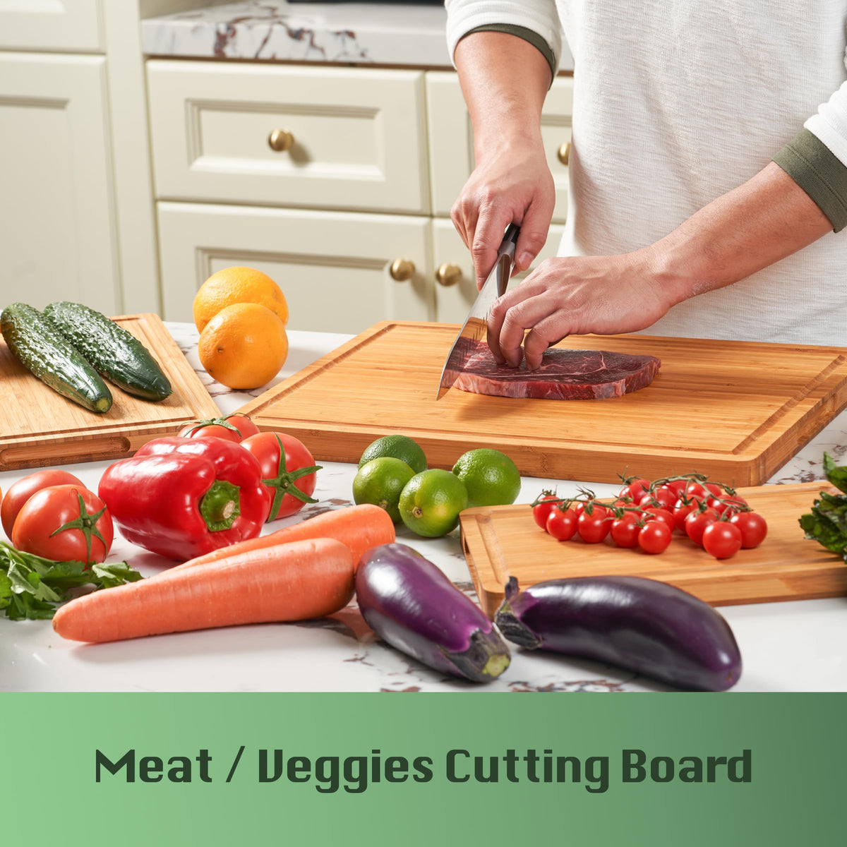 Allsum carbonized bamboo surface resists moisture and protects knife edges.