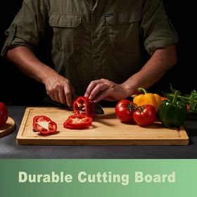Allsum XL bamboo board styled as a charcuterie board for entertaining guests.