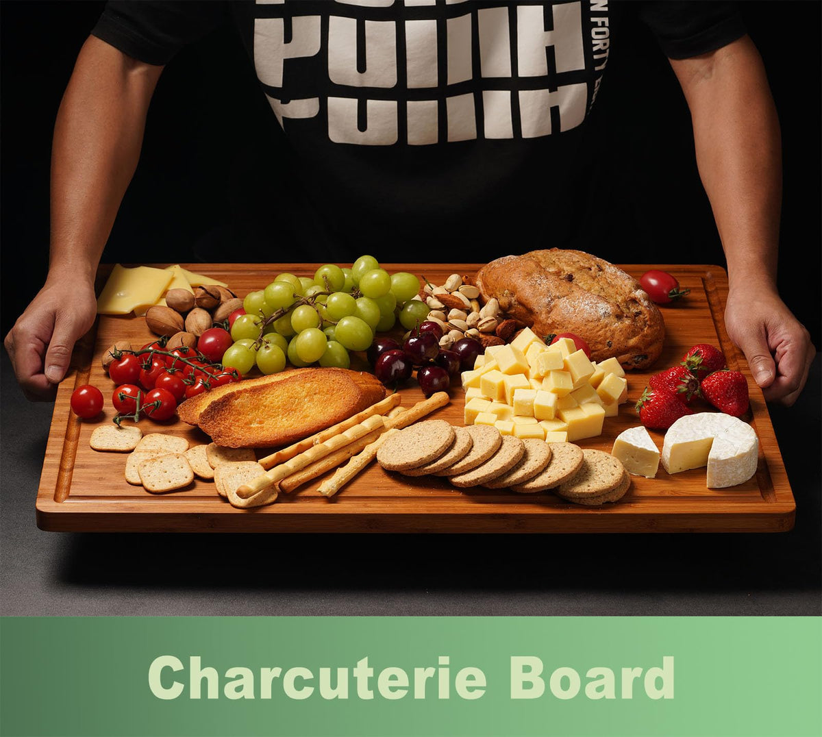 Allsum cutting board arranged as a chic charcuterie and cheese board.