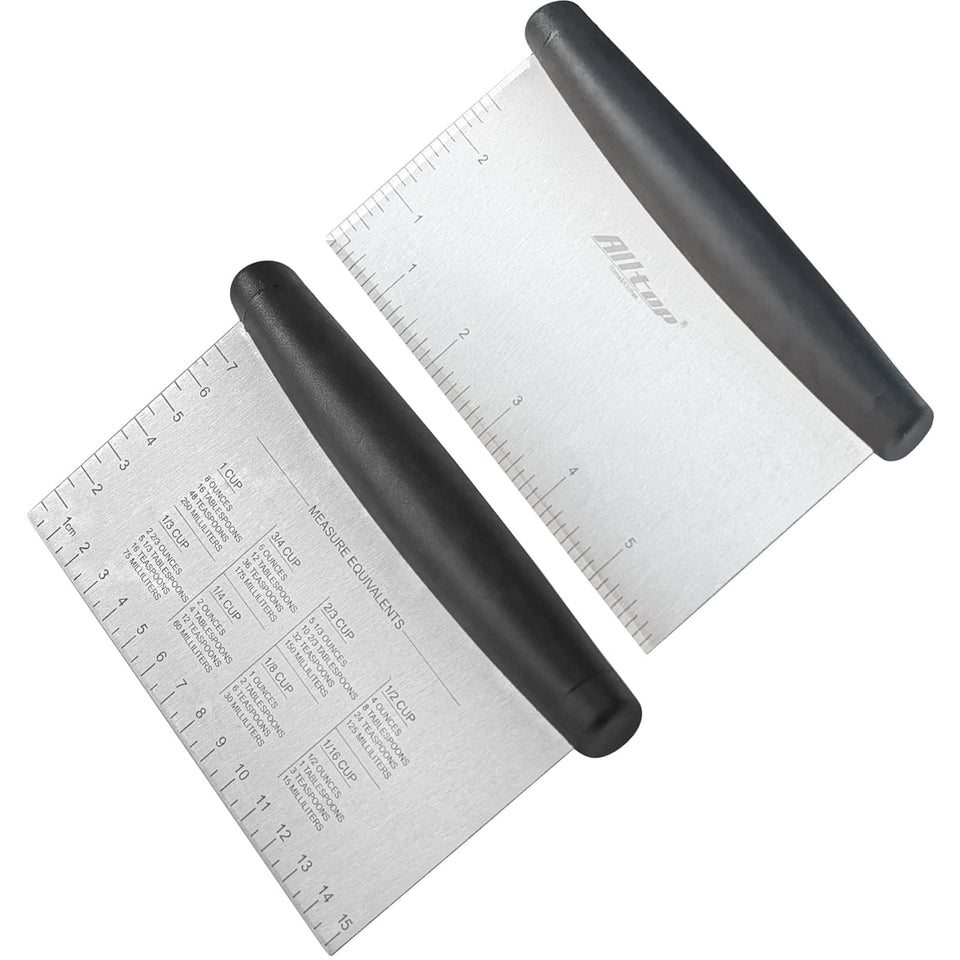 ALLTOP bench scraper with 6-inch stainless blade for precise dough cutting.